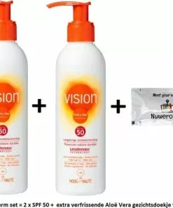 Beste Pirce ❤️ Zon-Bescherm Set = 2 X Vision Every Day Sun Protection Pomp –SPF 50 – 200 Ml + Extra Verfrissende Aloë Vera Gezichtsdoekje Van Nuwero ????