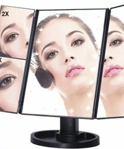 Nieuw ???? Superstar Make Up Spiegel Met Verlichting – Drieluik Met Vergrootspiegel – Spiegel Met Verlichting – Cosmetica / Visagie Spiegel - Make Up Tafel - Dimbare Ledverlichting - 22 Leds - 180° Draaibaar – Werkt Op Batterijen/USB - Inclusief USB-kabel - Wit ✔️