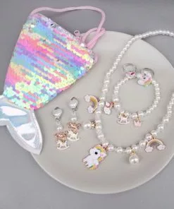 Jean Paul Gaultier Shop 7 Begroting ❤️ Haar In Stijl Parel Meisjes Sieraden Set Met Eenhoorns Unicorn Inclusief Gratis Zeemeermin Tasje | Ketting | Armband | Klip-on Oorbellen | Ring | Kadotip | Geschenkset ✔️