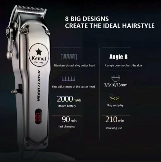 Gloednieuw ⌛ Kemei KM-1996 Metalen Elektrische Tondeuse Kapper Professionele Oplaadbare Haartrimmer ???? 4 Gloednieuw ⌛ Kemei KM-1996 Metalen Elektrische Tondeuse Kapper Professionele Oplaadbare Haartrimmer ???? - Afbeelding 4
