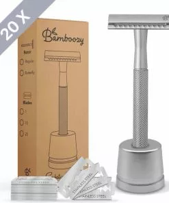 Gloednieuw ⭐ Bamboozy Safety Razor RVS + 20 Scheermesjes + Houder Zilver Chrome Unisex Vrouwen Mannen Double Edge Zero Waste Duurzaam Scheren ????