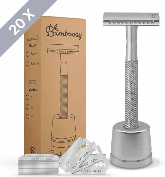 Gloednieuw ⭐ Bamboozy Safety Razor RVS + 20 Scheermesjes + Houder Zilver Chrome Unisex Vrouwen Mannen Double Edge Zero Waste Duurzaam Scheren ???? 1 Gloednieuw ⭐ Bamboozy Safety Razor RVS + 20 Scheermesjes + Houder Zilver Chrome Unisex Vrouwen Mannen Double Edge Zero Waste Duurzaam Scheren ????
