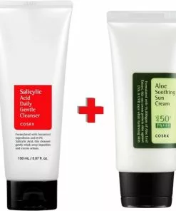 Begroting ???? COSRX Skin Set: Salicylic Acid Daily Gentle Cleanser 150ml & Aloe Soothing Sun Cream | SPF50+ PA+++ 50 Ml Wash & Care - Sunscreen Zonnebrand - Skin Protection Set - Dagelijkse Bescherming - Gezichtsreiniging Onzuiverheden - K Beauty Korean Skincare ????