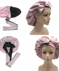 Aanbiedingen ???? Xaria Dubbelzijdige Satijnen Slaapmuts Met Verstelbare Hoofdband Met Lange Lussen - Bonnet Van Satijn - Haarnetje - Licht Roze/Zwart ✨