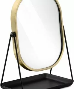 Beste deal ???? Navaris Make-up Spiegel - Tafelspiegel Met Opbergruimte Voor Sieraden - Staande Cosmeticaspiegel Met Twee Kanten - Met 3x Vergroting - Zwart/Goud ????